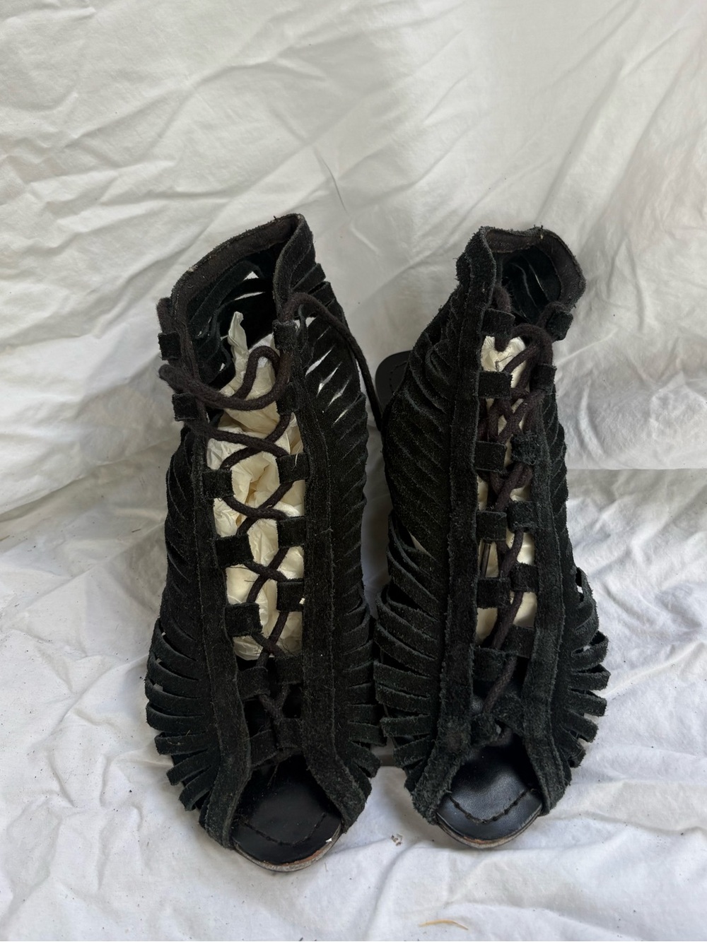MIA Black Suede Fringe Gladiator Sandals Lace Up Y2K Boho Festival